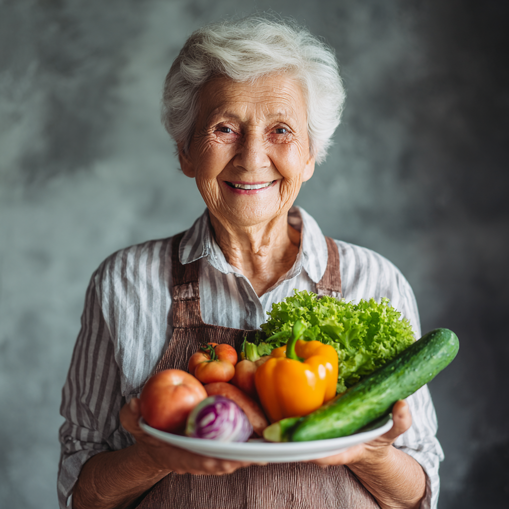 Happy elderly European couple preparing healthy vegetables together in their kitchen, showing active and healthy lifestyle