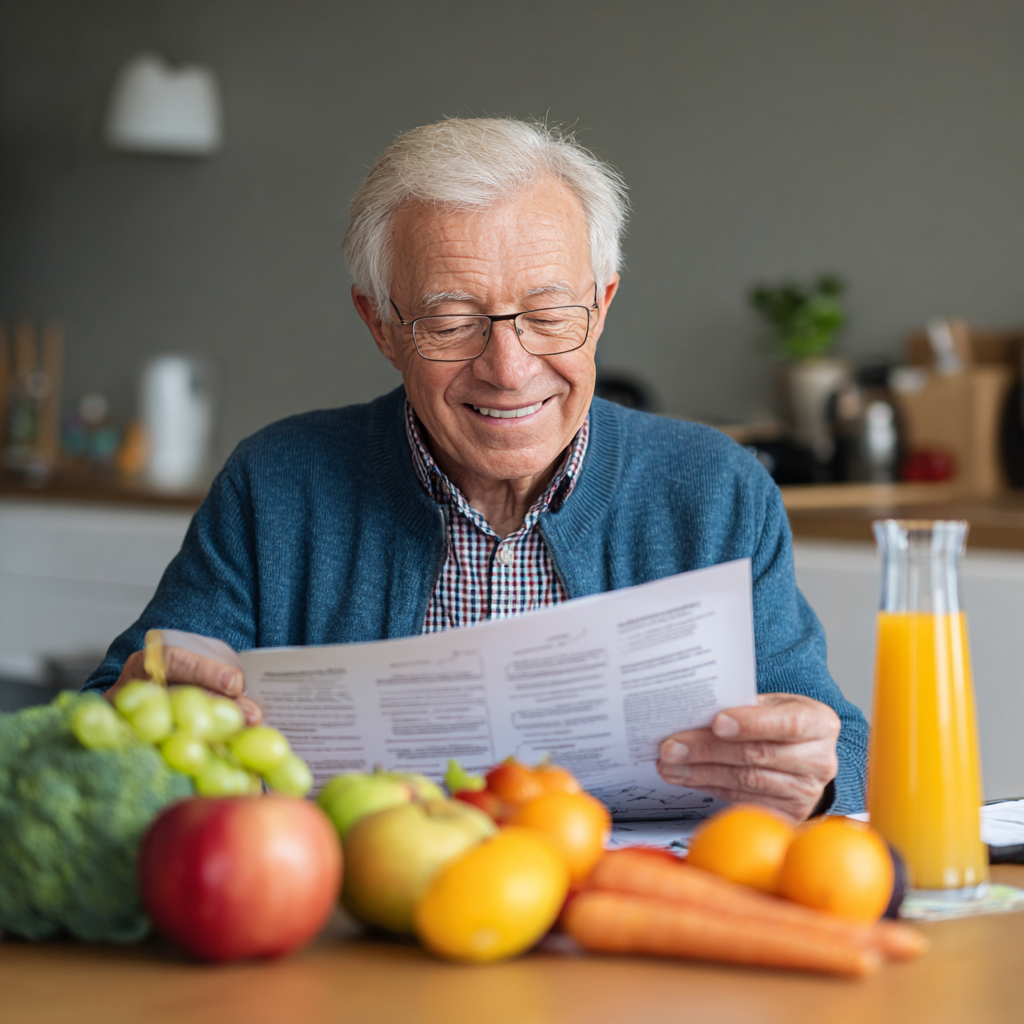 Smiling elderly European person holding fresh fruits and vegetables, demonstrating healthy lifestyle choices